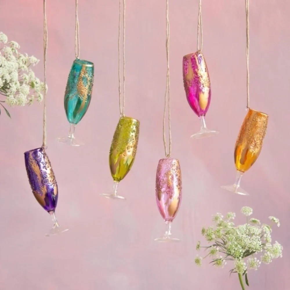 Anthropologie Champagne  Teal Glass Flute Ornament